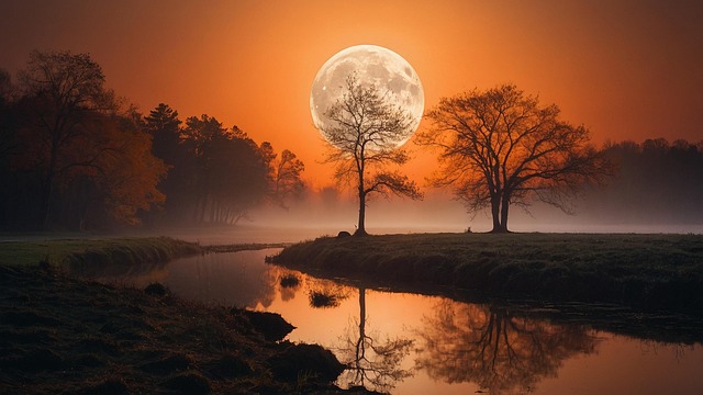 Free moon lake autumn illustration