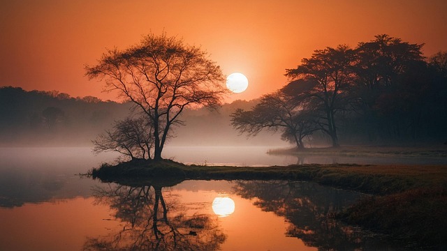Free sunset lake autumn illustration