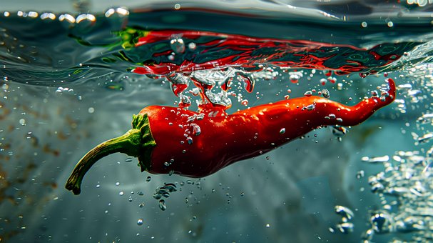 Red, Chili, Pepper, Water, Splash