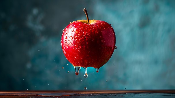 Apple, Red, Water, Drops, Fresh, Healthy