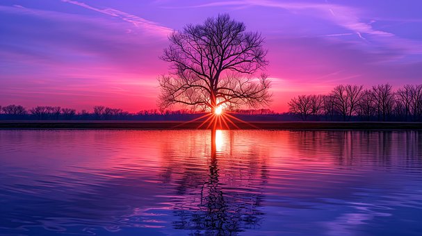 Sunset, Lake, Water, Sky, Nature