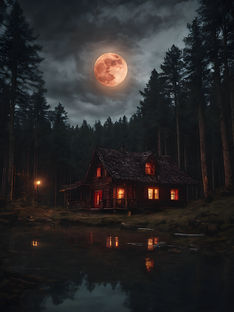 Free night lake cabin illustration