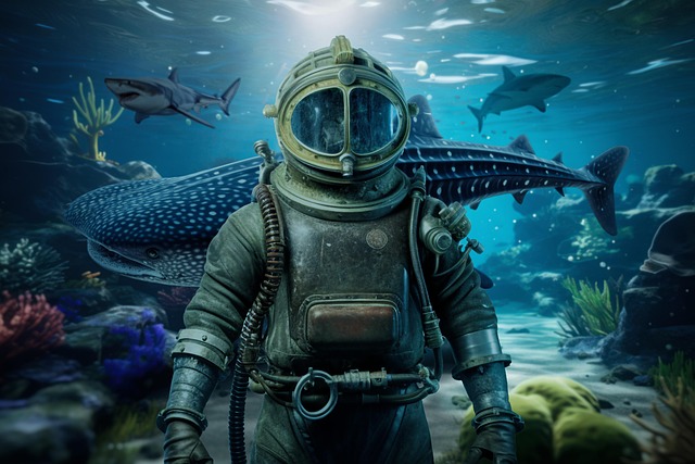 Free diving suit underwater old diving suit illustration
