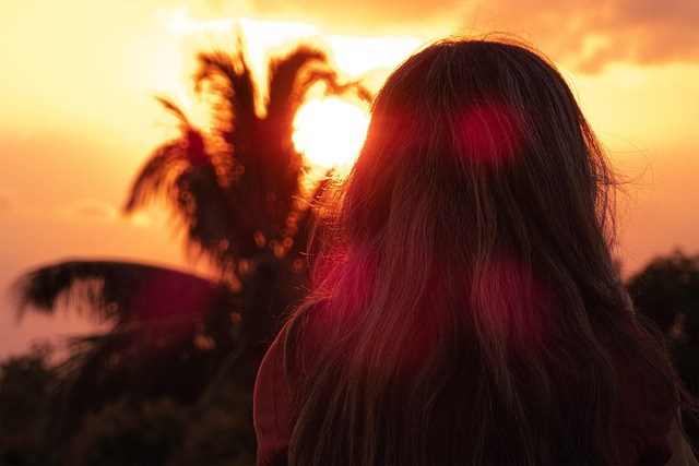 woman, back, sun, sky, joy, silhouette, halo, nature, palm, reflection, holiday, caribbean, dominican republic, portrait