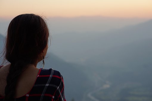 Frau, Sonnenuntergang, Landschaft