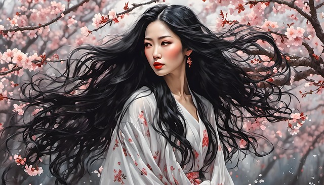 Free ai generated woman cherry blossoms illustration