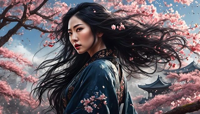 Free ai generated woman cherry blossoms illustration