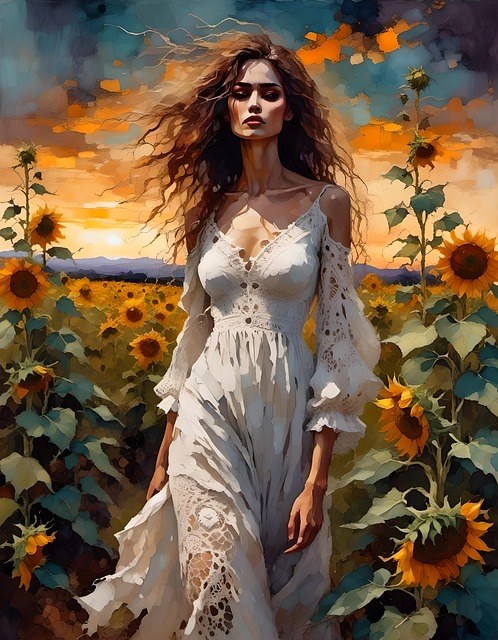 Free woman sunflowers field illustration