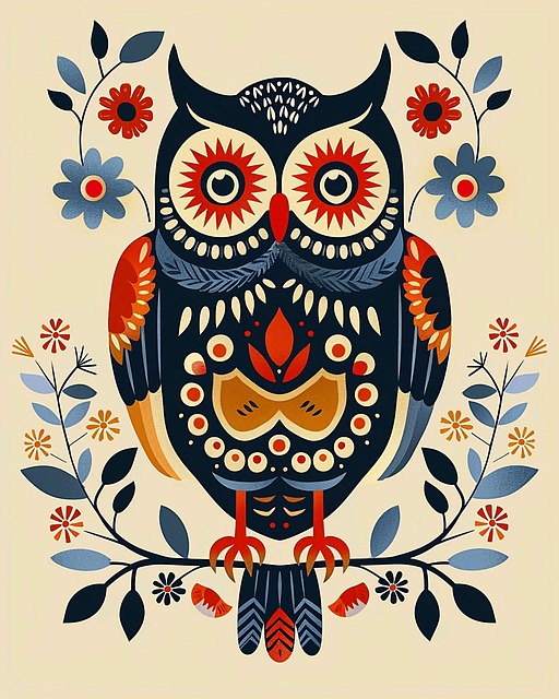 Free ai generated owl nordic folk art illustration