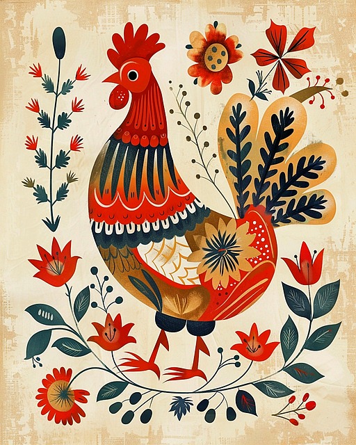 Free ai generated rooster nordic folk art illustration