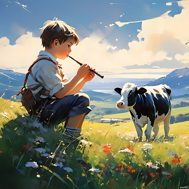 Free ai generated little boy cow illustration