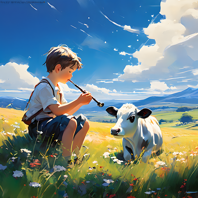 Free ai generated little boy cow illustration