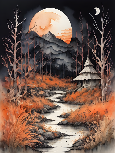 Free forest hut moon illustration