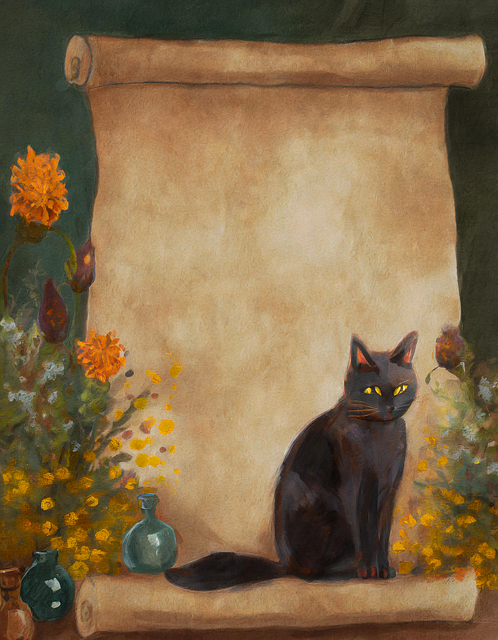 Free cat parchment flowers illustration