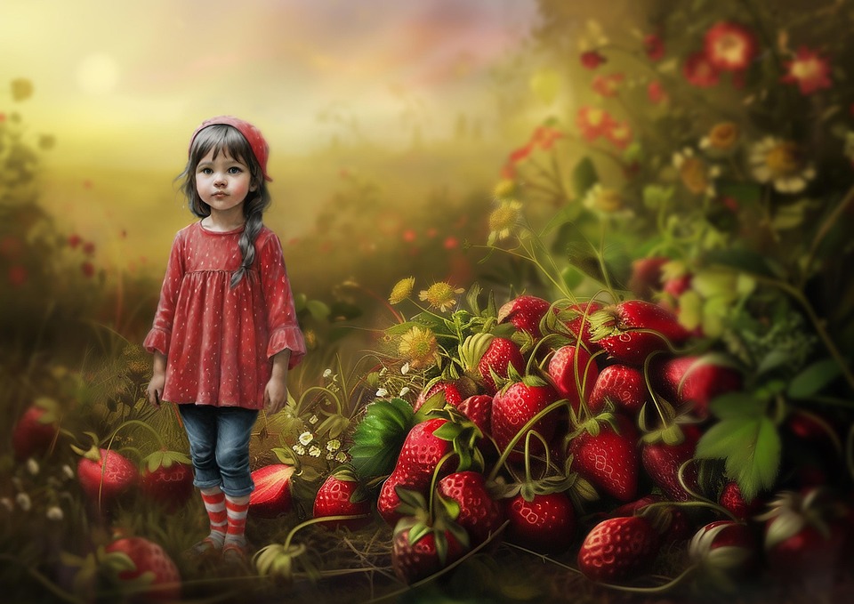 download-little-girl-strawberries-fantasy-royalty-free-stock