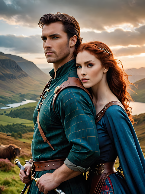 Free ai generated couple highlander illustration