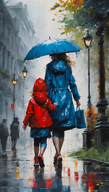 Free mother daughter rain illustration