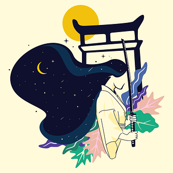 สาว, ญี่ปุ่น, Torii, วัด, ซามูไร