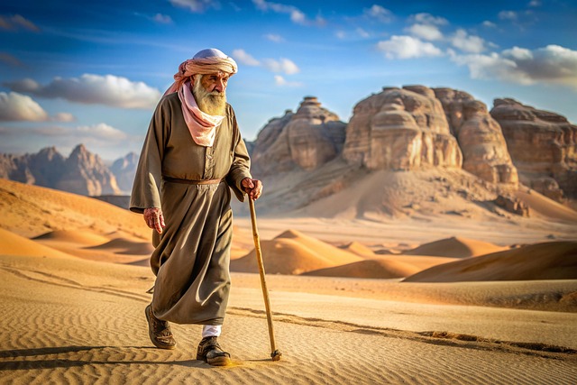 old, man, nature, desert, mountains, walking stick, elderly, sunny