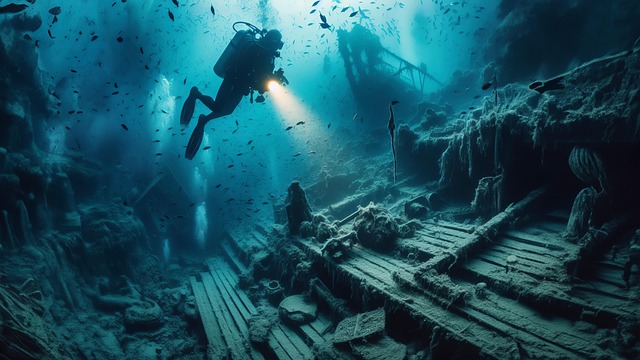 Download free HD stock image of Ai Generated Shipwreck Free ai generated shipwreck diver illustration