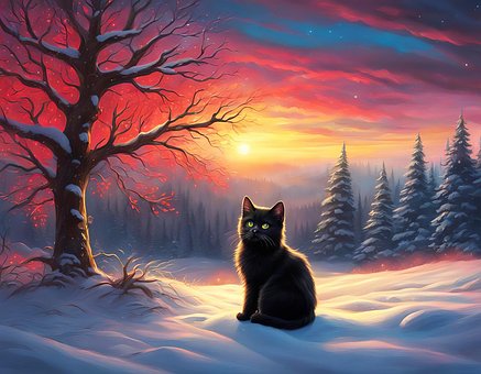 Ai, Kat, Sne, Solnedgang, Træer, Vinter