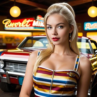 Ai Generado, Mujer, Modelo, Coche, Retro