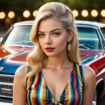 Ai Generado, Mujer, Modelo, Coche, Retro