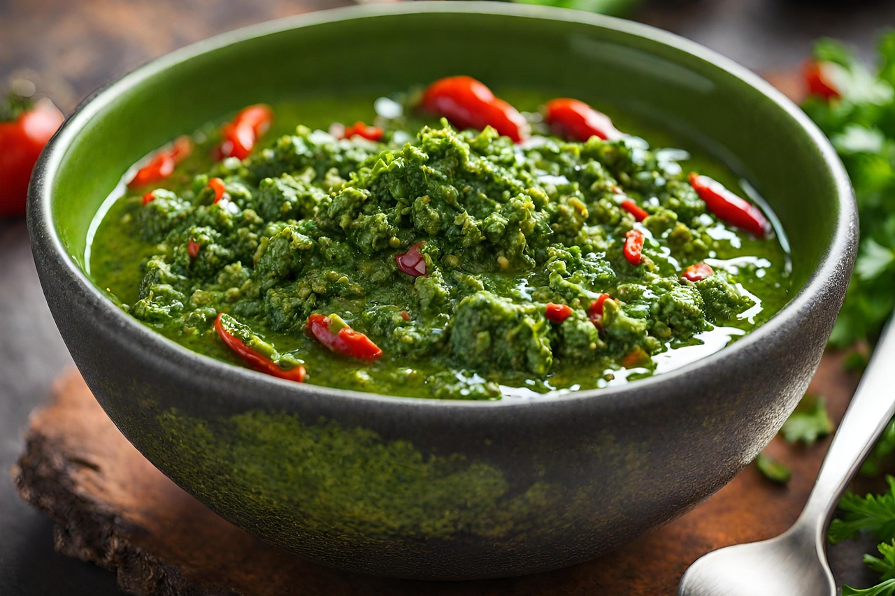 A small bowl of green chimichurri sauce with visible flat-leaf parsley, garlic, oregano, and red-pepper flakes in olive oil