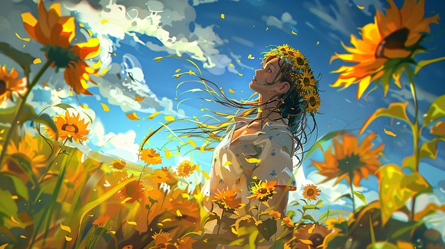 Free ai generated girl sunflowers illustration