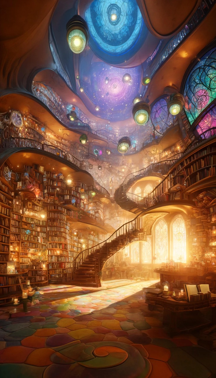 Illustrazione AI di una biblioteca luminosa e fantastica con scaffali infiniti