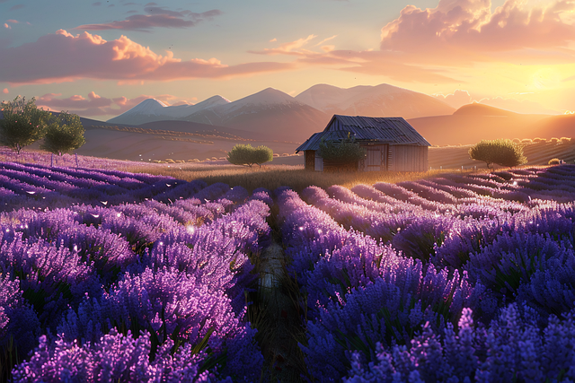 Lavendel, Felter, Solnedgang, Lilla