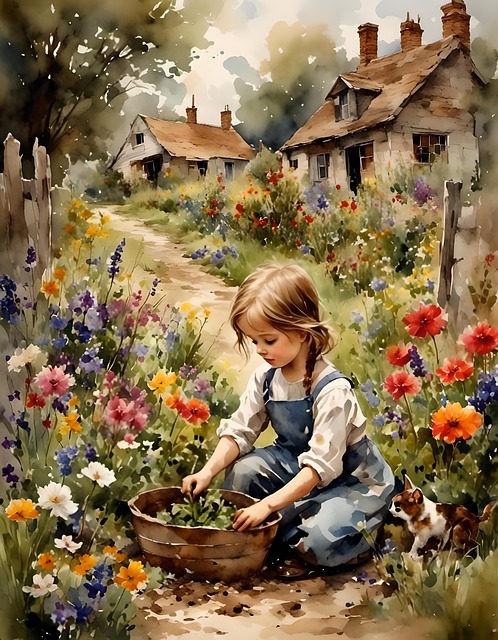 Free ai generated girl flowers illustration