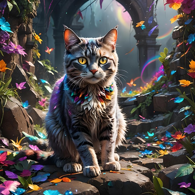 Ai产生的, 猫, 猫科动物, 彩虹, 丰富多彩的, 自然, 动物, 毛皮