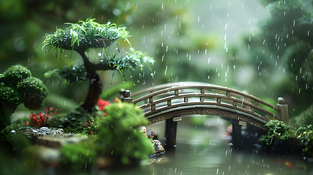 Japansk, Zen, Have, Regn, Bro, Landskab