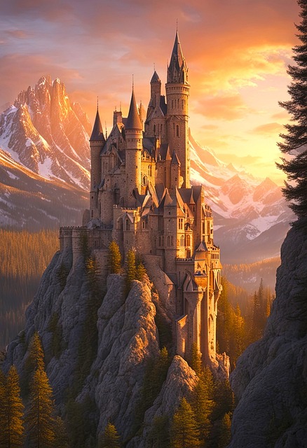 Schloss, Sonnenuntergang, Licht, Wald