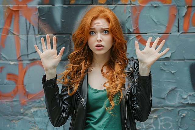 Download free HD stock image of Redhead Raised Hands Free redhead raised hands leather jacket illustration