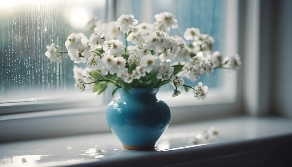 Vase, Weiße Blume, Fenster, Regen