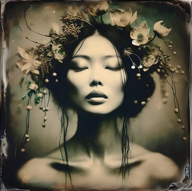 Free asian woman serene portrait closed eyes illustration