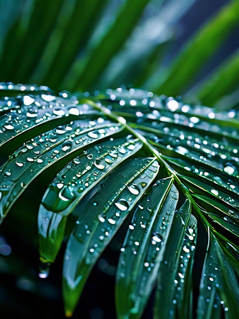 Free raindrops green palm leaf illustration