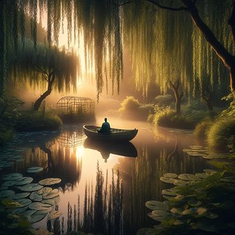 自然, 森林, 景观, 日落, 树木, 水, 幻想, 踪迹, Ai产生的