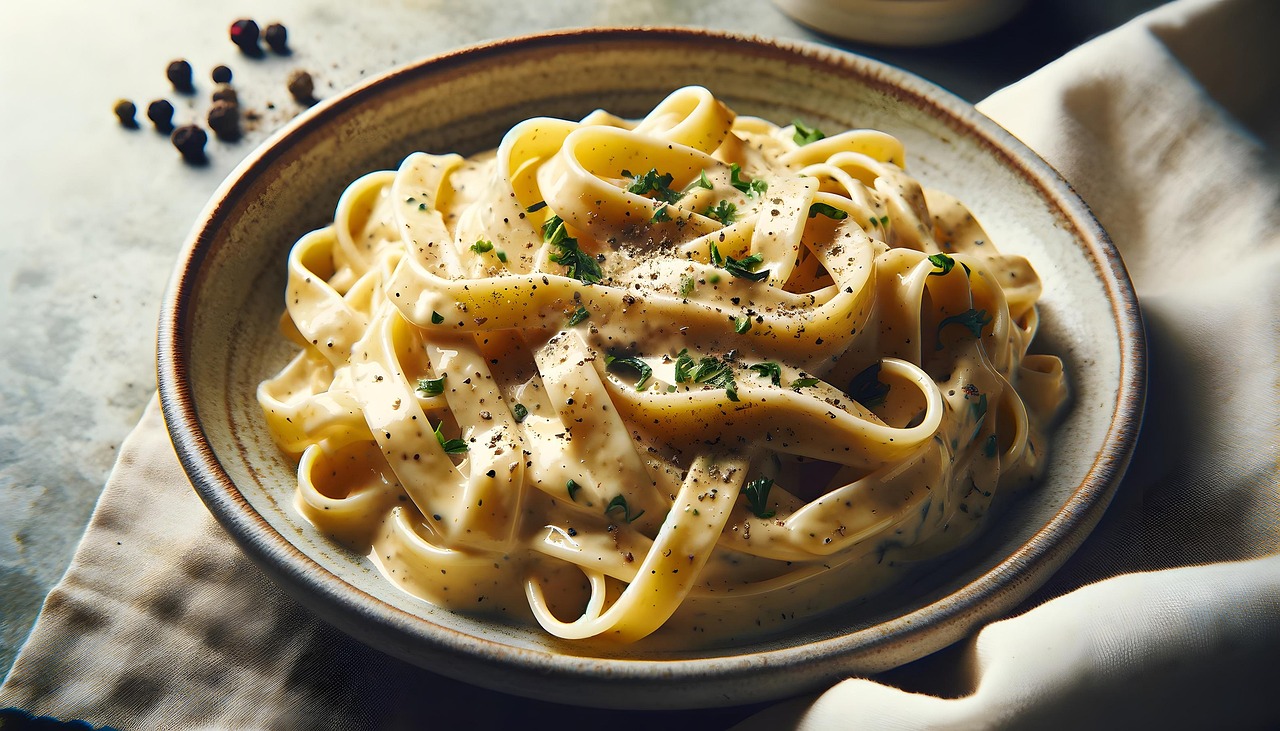 Bowl of fettuccine alfredo pasta coated in glossy creamy white sauce