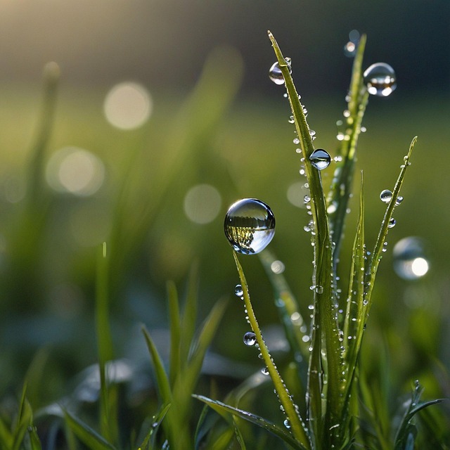 Free ai generated blades of grass waterdrops illustration