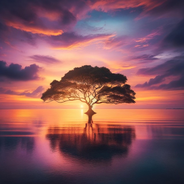 Baum, Sonnenuntergang, Meer, Strand