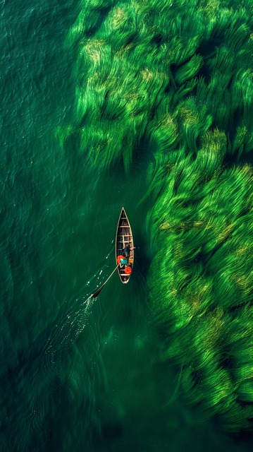 Free aerial view small boat lush green river illustration