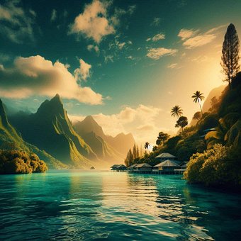 Ai Generiert, Bungalow, Fluss, Berge