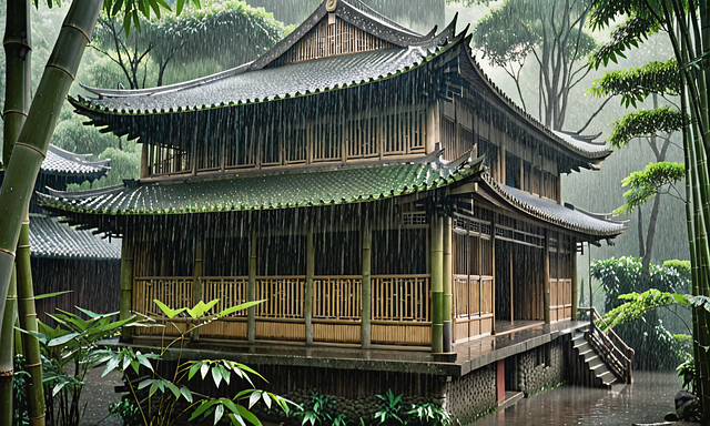 Free ai generated bamboo house temple illustration