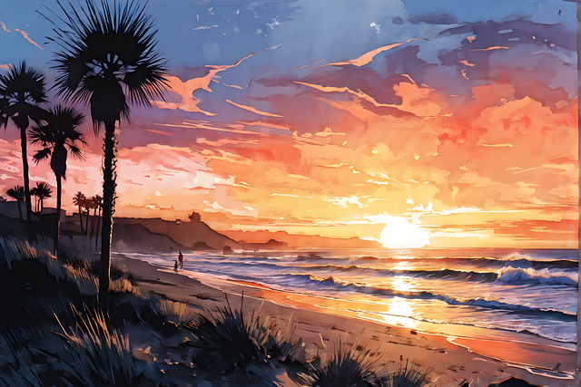 Free ocean beach sunset illustration