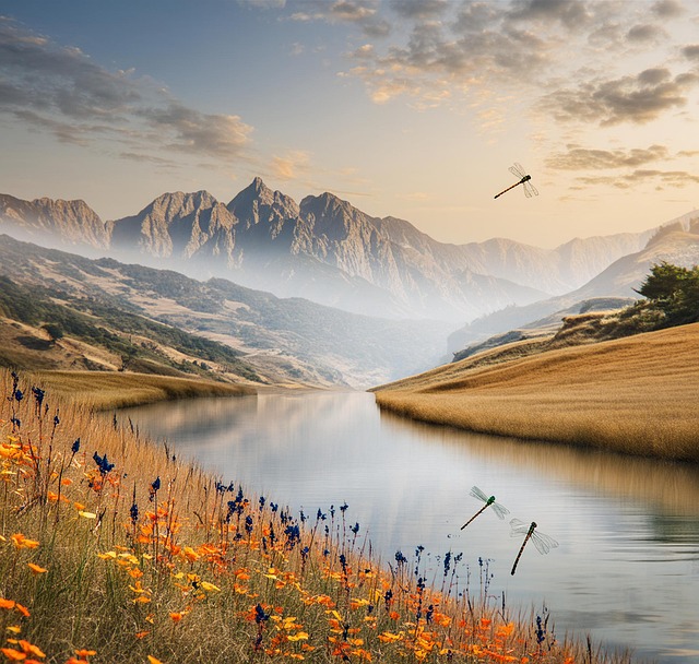 Free mountains sunlitpeaks river illustration