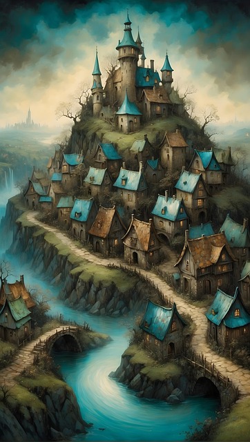 Free blue village monochrome illustration