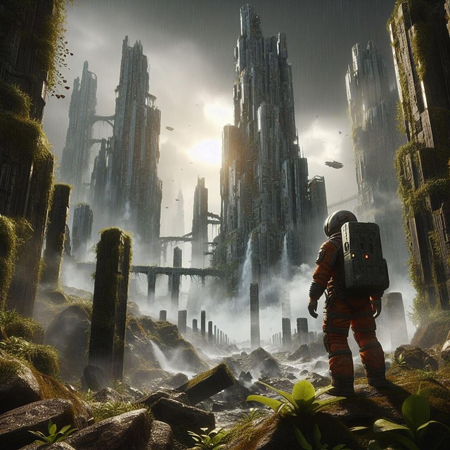 Download free HD stock image of Astronaut Ruins Free astronaut ruins skyscrapers illustration